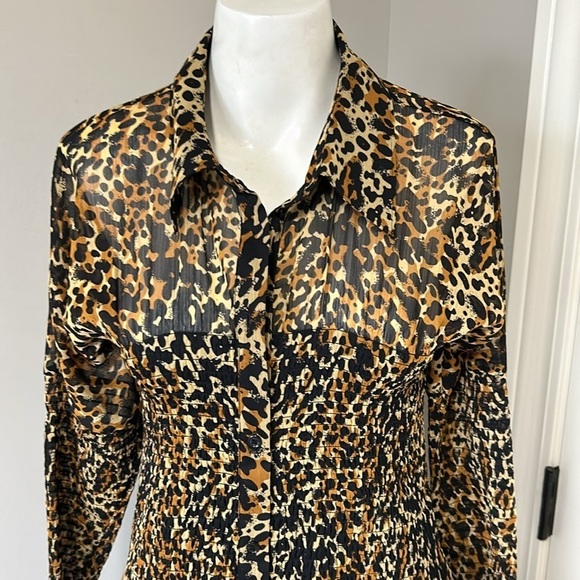 & OTHER STORIES Smocked Button Up Midi Dress Leopard Print Lined Sz 8 - Picture 5 of 14